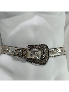 LEATHEROCK Womens Silver Metallic Belt Crystal Embellished Buckle & Studs 34M